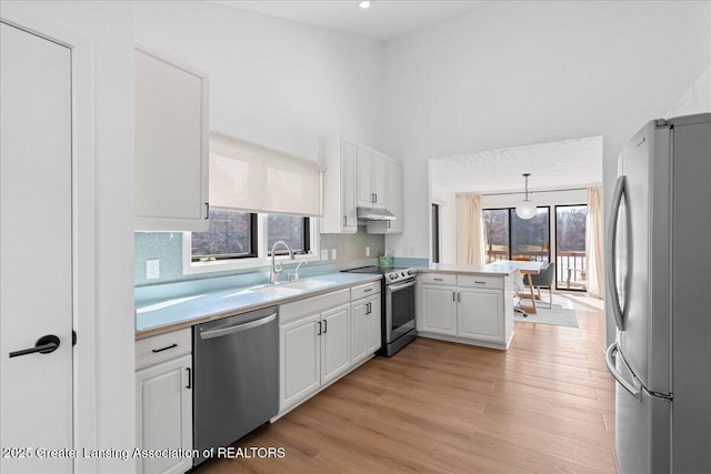 kitchen with light countertops, a peninsula, white cabinets, stainless steel appliances, and a sink