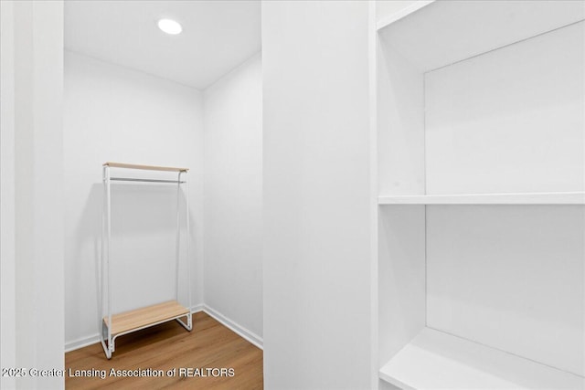 bathroom featuring recessed lighting, baseboards, and wood finished floors