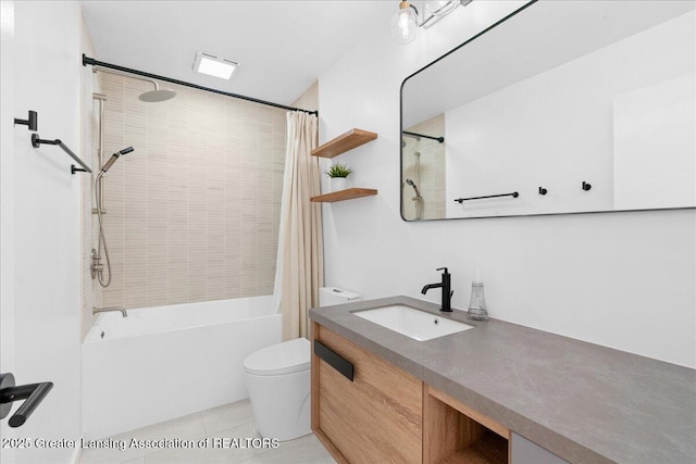 full bath with tile patterned floors, toilet, shower / bath combo with shower curtain, and vanity