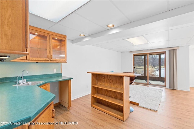 kitchen with a paneled ceiling, light wood-style floors, and a sink