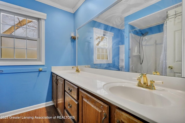 bathroom featuring double vanity, ornamental molding, wood finished floors, and a sink