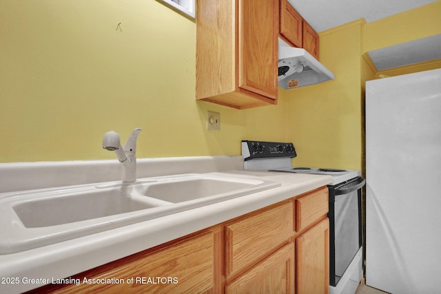 kitchen featuring freestanding refrigerator, a sink, light countertops, under cabinet range hood, and range with electric stovetop