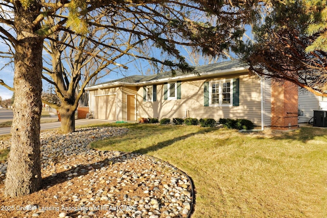 view of property exterior featuring a yard, brick siding, a garage, and driveway