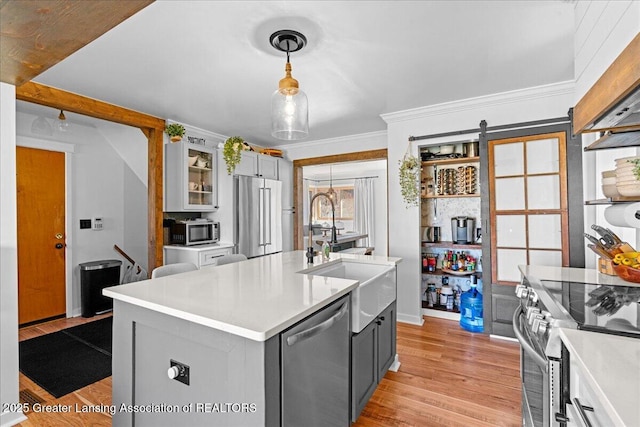 kitchen featuring gray cabinetry, light countertops, appliances with stainless steel finishes, light wood-style floors, and a sink