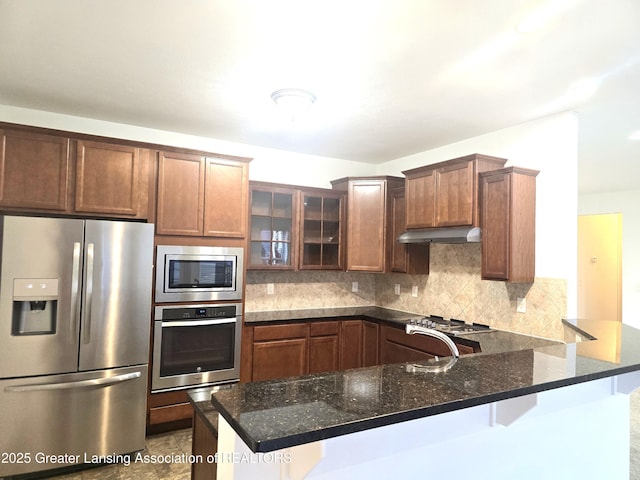 kitchen with a peninsula, glass insert cabinets, under cabinet range hood, appliances with stainless steel finishes, and backsplash