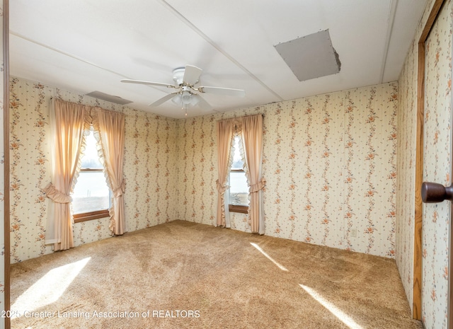 carpeted empty room with ceiling fan and wallpapered walls