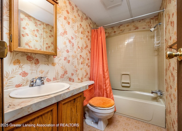 bathroom with toilet, shower / bath combination with curtain, vanity, and wallpapered walls