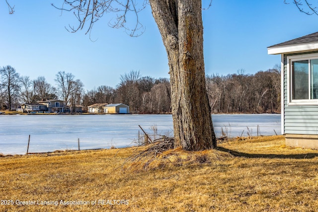 view of yard with a view of trees and a water view