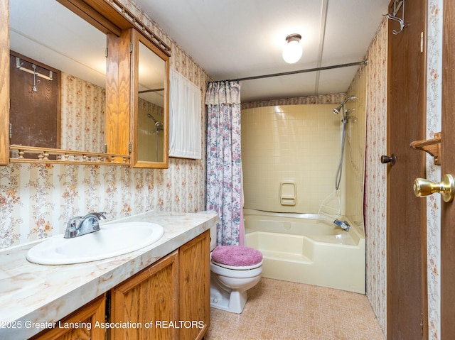 full bathroom featuring shower / bath combination with curtain, toilet, wallpapered walls, and vanity