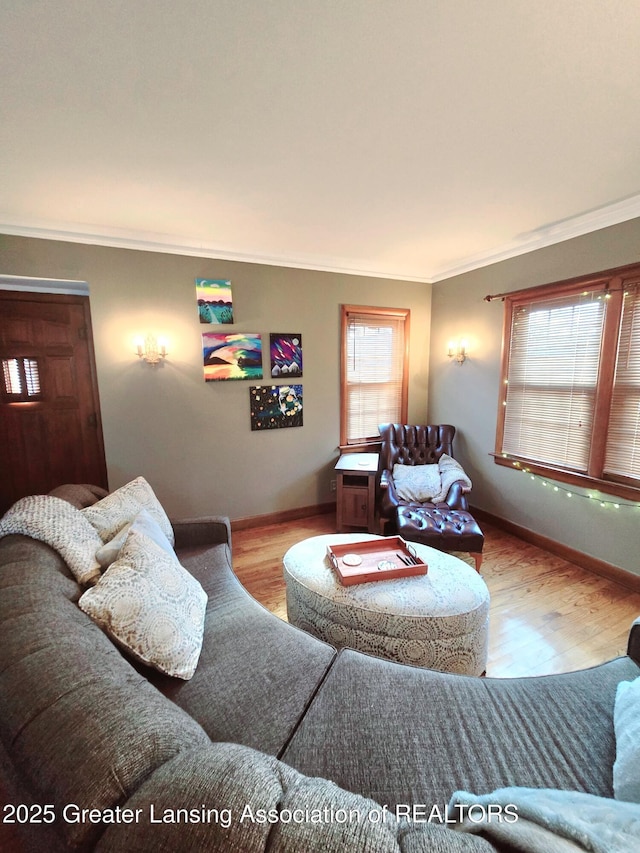 living area with crown molding, wood finished floors, and baseboards