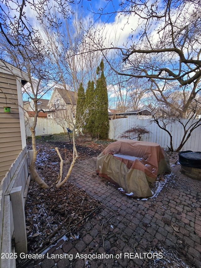 view of yard with a patio and a fenced backyard