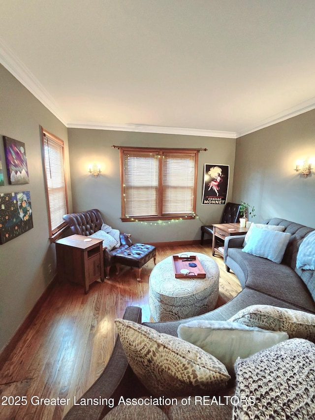 living room with baseboards, hardwood / wood-style floors, and crown molding