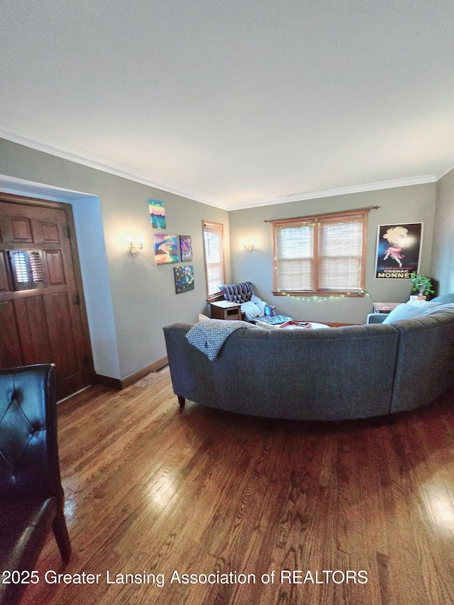 living room featuring baseboards, wood finished floors, and crown molding