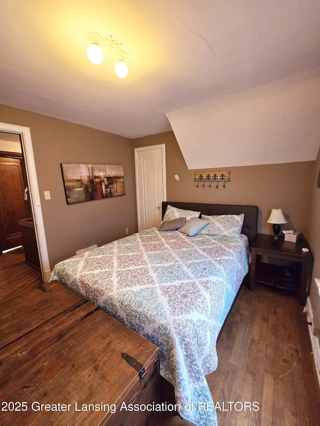 bedroom with lofted ceiling and dark wood-type flooring