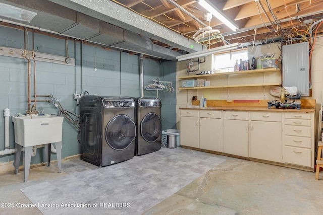 laundry room featuring electric panel and washer and clothes dryer