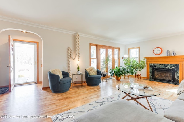 living room featuring a premium fireplace, baseboards, wood finished floors, and ornamental molding