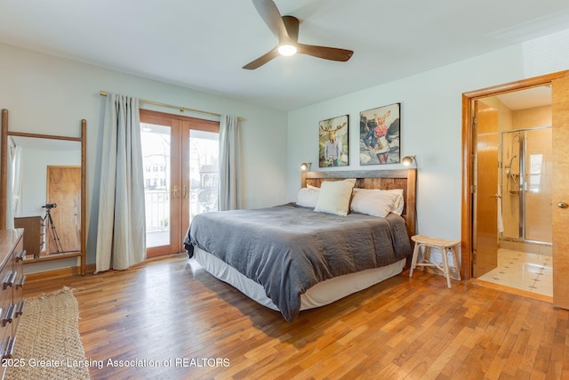 bedroom featuring connected bathroom, french doors, light wood-type flooring, and access to outside