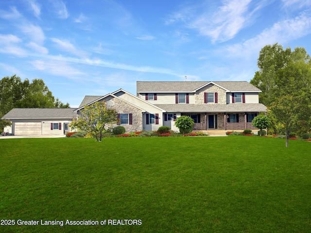 view of front of home featuring stone siding, covered porch, and a front lawn