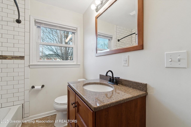 full bath with shower / bathing tub combination, toilet, and vanity