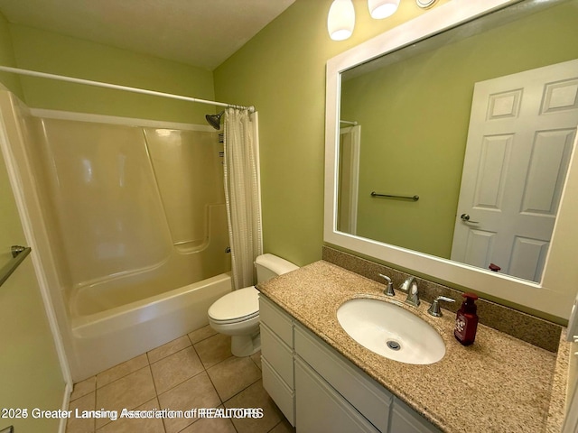 bathroom featuring tile patterned flooring, toilet, vanity, and shower / bathtub combination with curtain