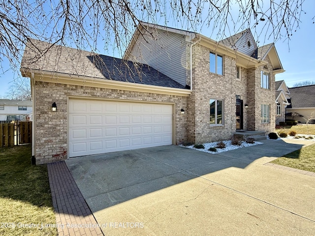 view of front of property featuring fence, concrete driveway, an attached garage, a shingled roof, and brick siding