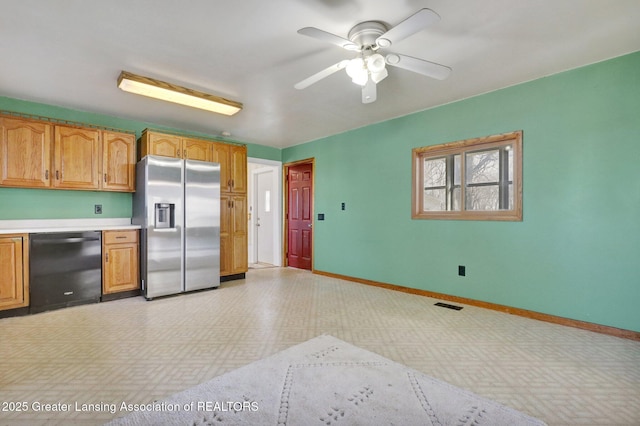 kitchen with light floors, visible vents, baseboards, black dishwasher, and stainless steel refrigerator with ice dispenser