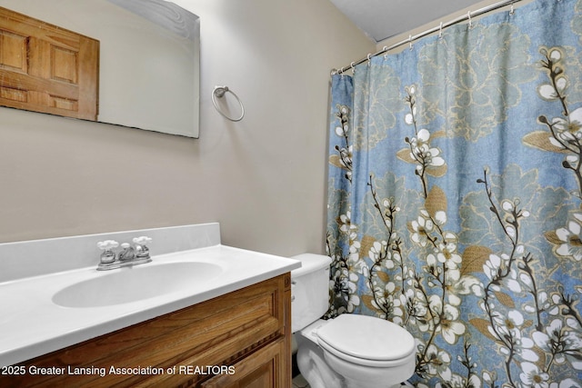 bathroom featuring vanity, toilet, and a shower with curtain