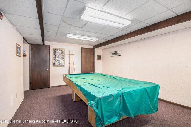 game room with a drop ceiling, pool table, baseboards, and carpet