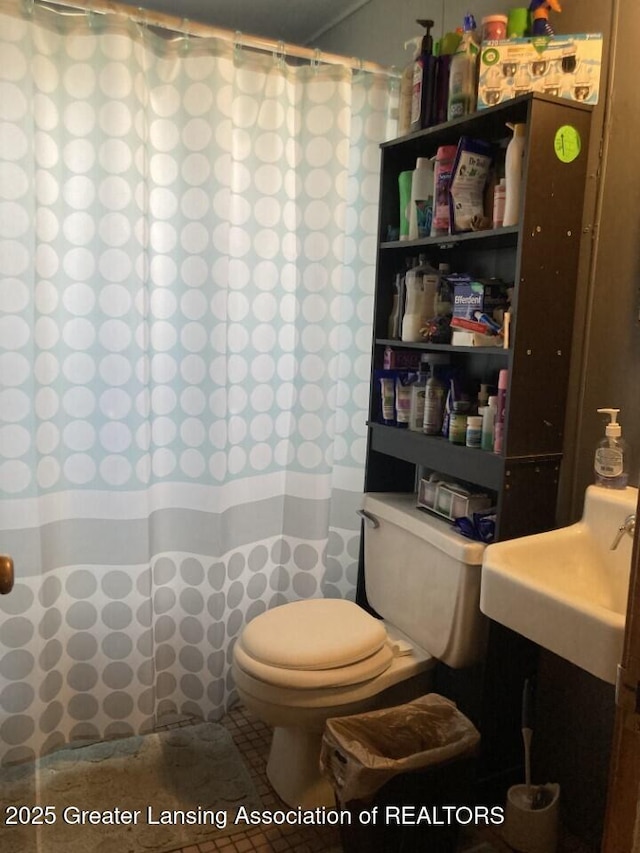 bathroom with toilet, a shower with shower curtain, and a sink