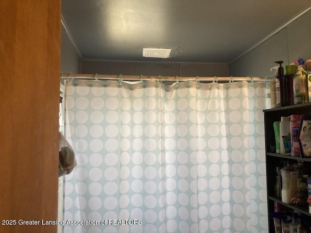 interior details featuring crown molding and a shower with curtain