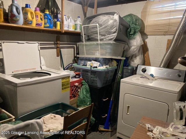 washroom featuring laundry area and concrete block wall