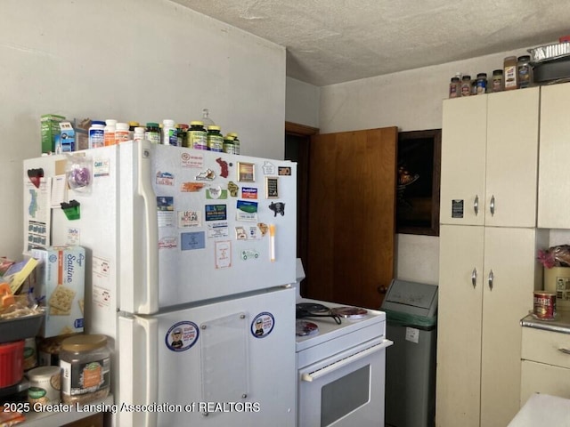 kitchen with white appliances and a textured ceiling