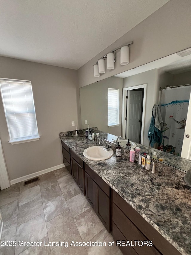 bathroom featuring visible vents, plenty of natural light, baseboards, and vanity