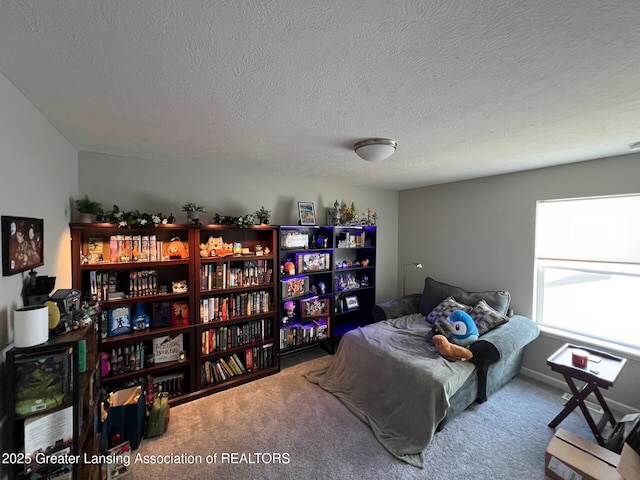 living area featuring carpet flooring and a textured ceiling