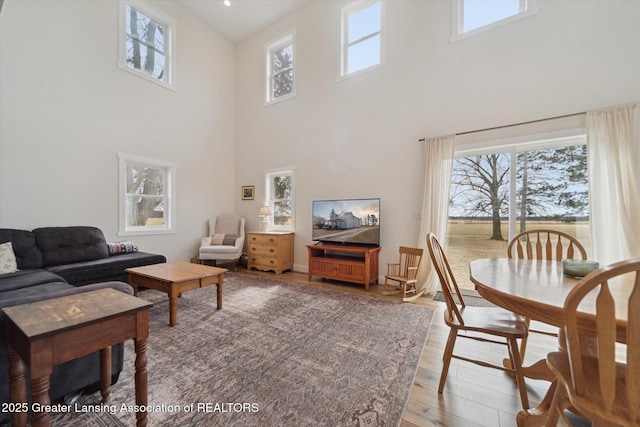 living room with plenty of natural light and wood finished floors