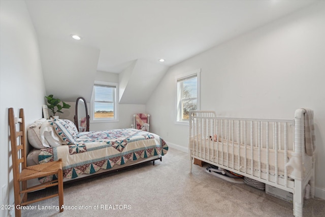 bedroom with lofted ceiling, carpet flooring, recessed lighting, and baseboards