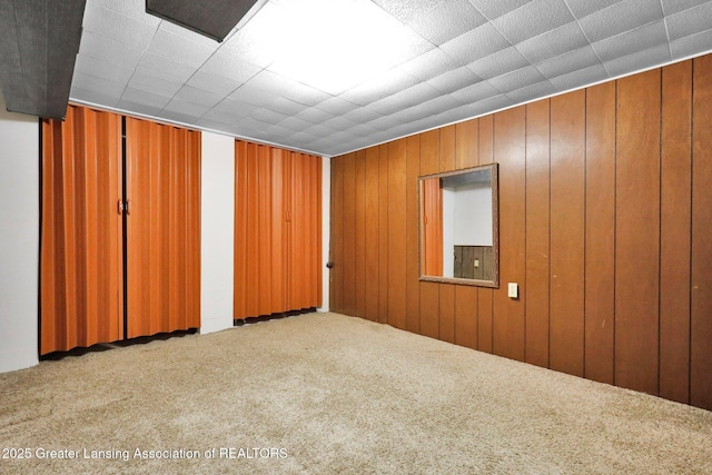 unfurnished room featuring carpet and wood walls