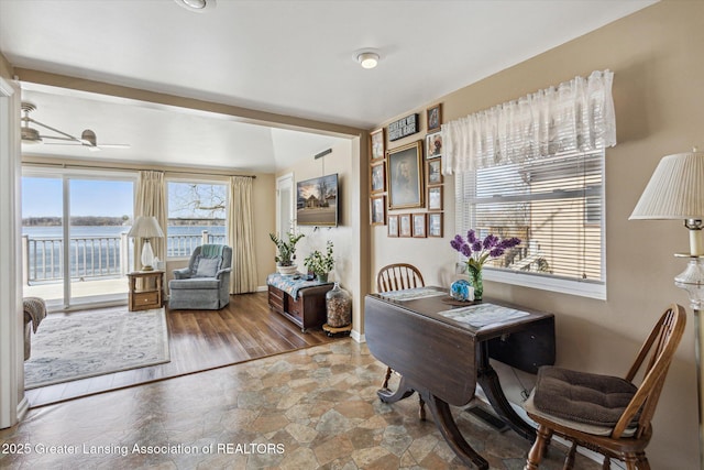 dining room with stone finish floor, baseboards, and a ceiling fan