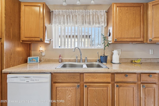 kitchen featuring dishwasher, light countertops, and a sink