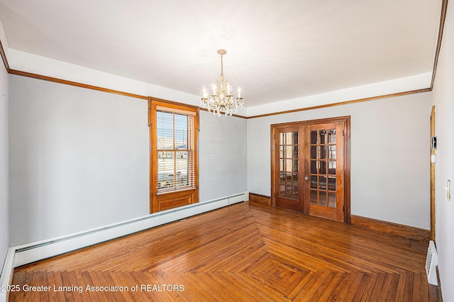 unfurnished room featuring baseboards, a baseboard radiator, french doors, a baseboard heating unit, and a chandelier
