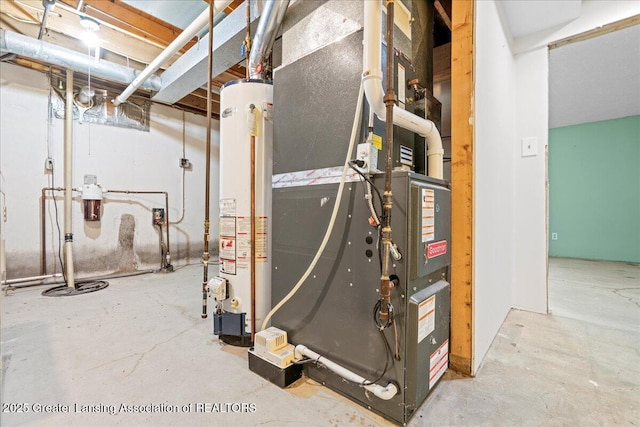 utility room featuring gas water heater and heating unit