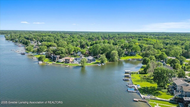 birds eye view of property featuring a water view and a wooded view