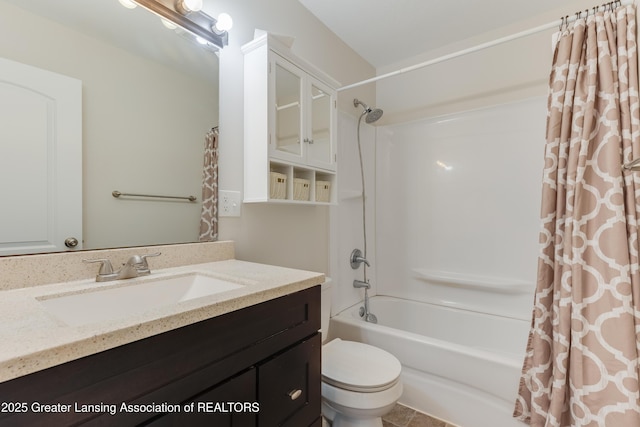 full bath with toilet, vanity, and shower / bath combination with curtain