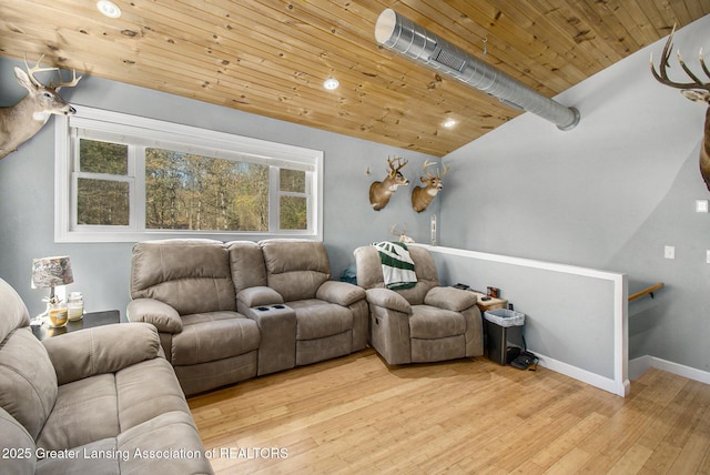 living room featuring light wood-style flooring, wooden ceiling, baseboards, and lofted ceiling