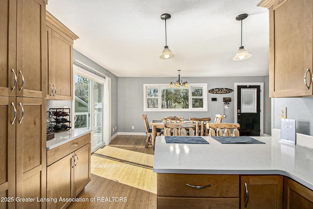 kitchen featuring a peninsula, wood finished floors, a healthy amount of sunlight, and light countertops