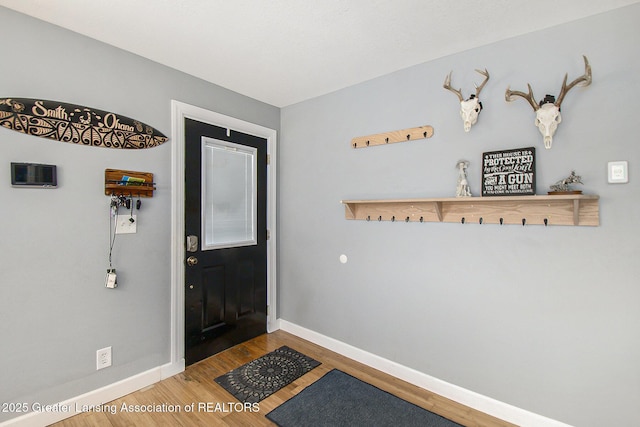 entryway with baseboards and wood finished floors