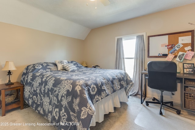 bedroom with lofted ceiling and carpet floors