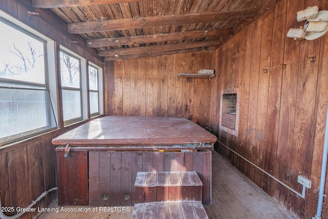 misc room with beam ceiling, wooden walls, and wood ceiling