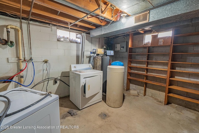 unfinished below grade area featuring visible vents and washing machine and dryer