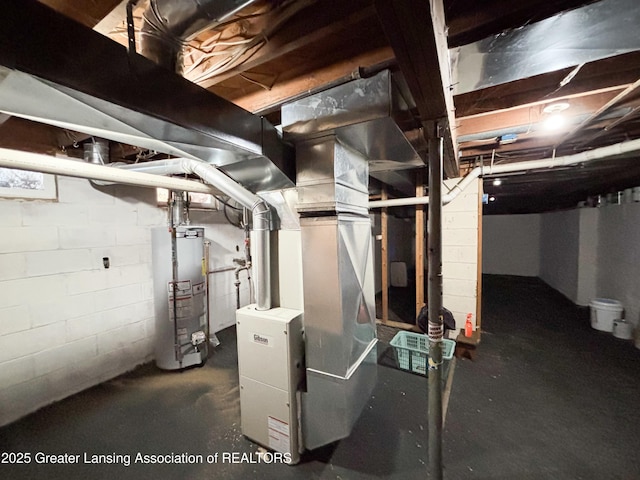 unfinished below grade area with heating unit and gas water heater